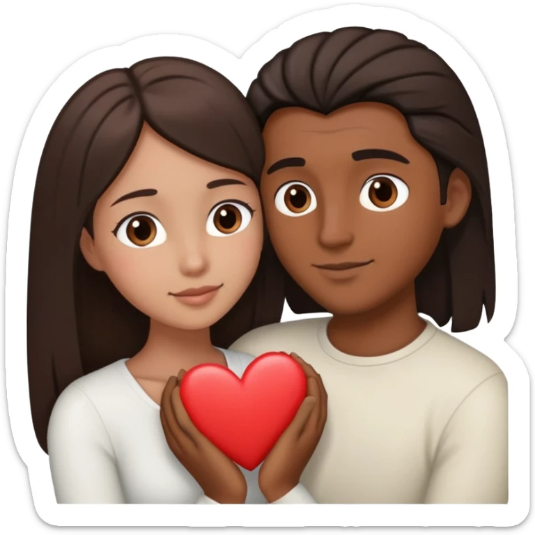 A couple embracing, man with mestizo brown skin and short straight dark brown hair, woman with fair skin and long dark brown hair, with white hearts around them sticker