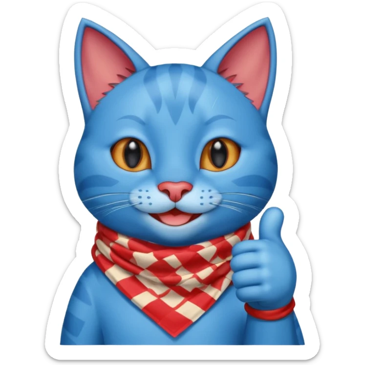A Blue Cat smiling and giving thumbs up, wearing red Checkered Triangle scarf sticker