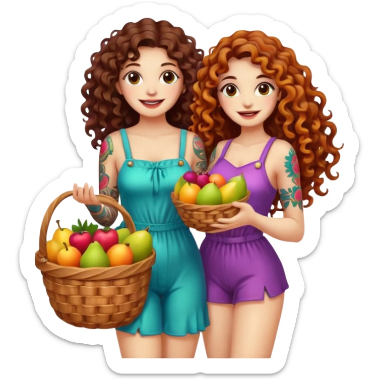 full body woman long curly brown hair brown eyes white skin tattoos holding basket of psychedelic fruits, teasing smile sticker