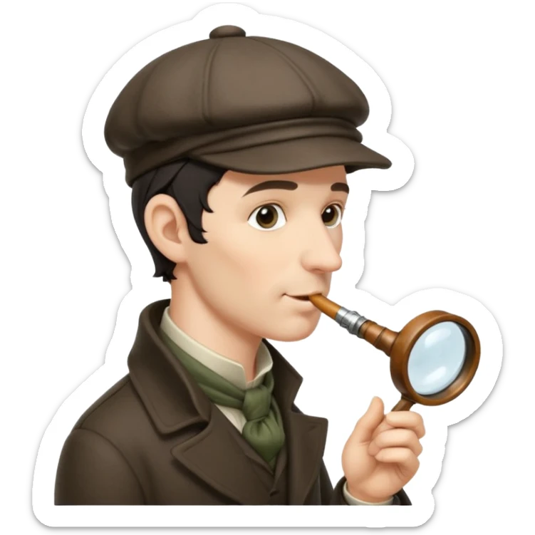 A side view of Sherlock Holmes wearing a deerstalker hat and smoking a meershaum pipe sticker