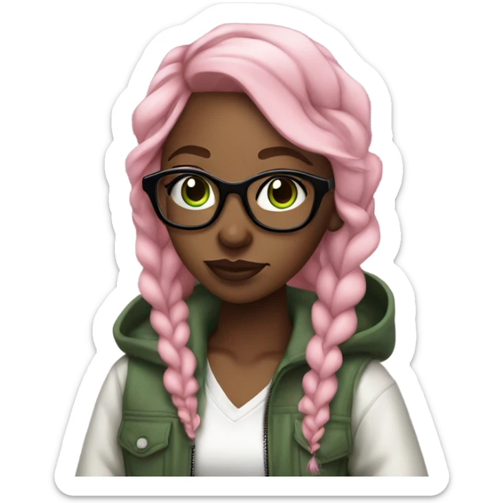 nice looking black girl hip hop rapper, autistic, glasses, light pink hair, green eyes sticker