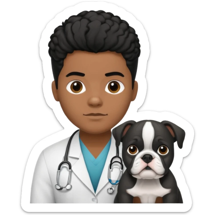joven médico con el pelo un poco largo pero no tanto y lacio, que tenga un estetoscopio de color de piel tez negra calida !!! que sostiene un bulldog francés blanco y negro  sticker