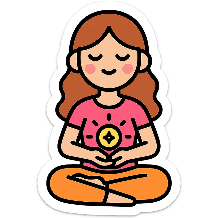 cute feminine girl in lotus pose holding glowing energy, detailed vector style with shadows and highlights, transparent background sticker