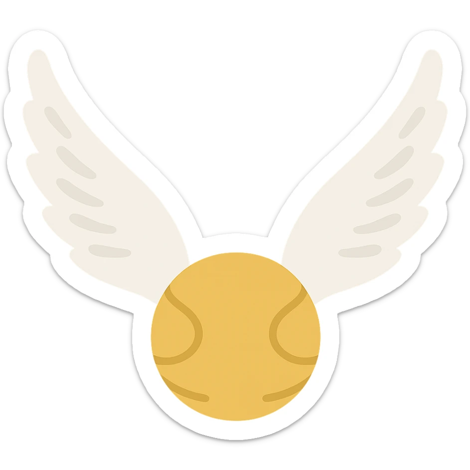 Golden Snitch, cute and simple, no outlines, color filled style. Top-down flying angle, wings long and curved upward, wings with expressive shadows and simple texture, no background. sticker