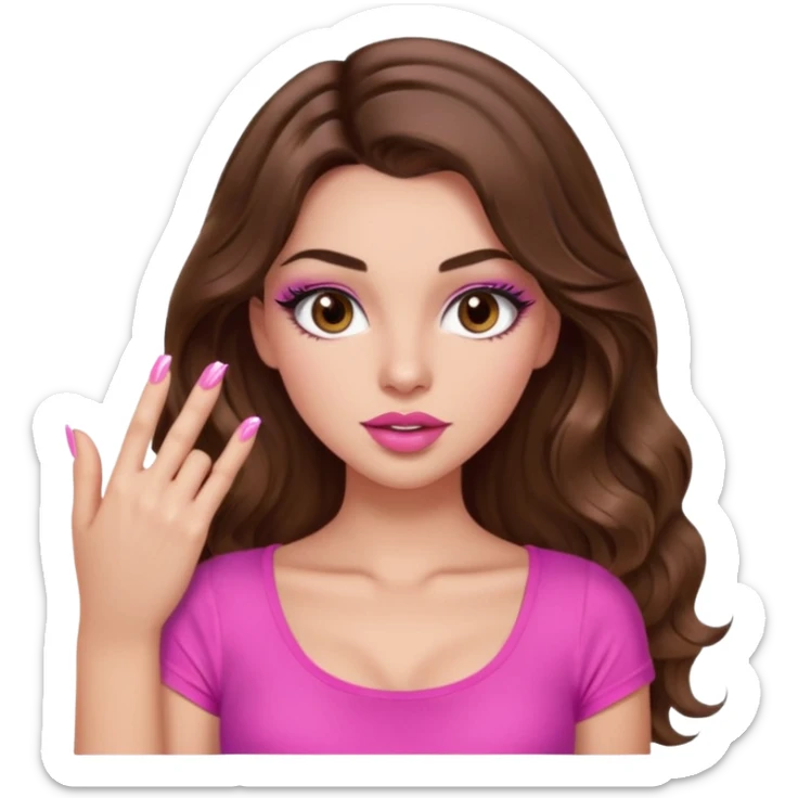 girl with long wavy brown hair, brown eyes, light to medium complexion, in a pink sexy top, pink puckered lips, long lashes, showing a manicure sticker