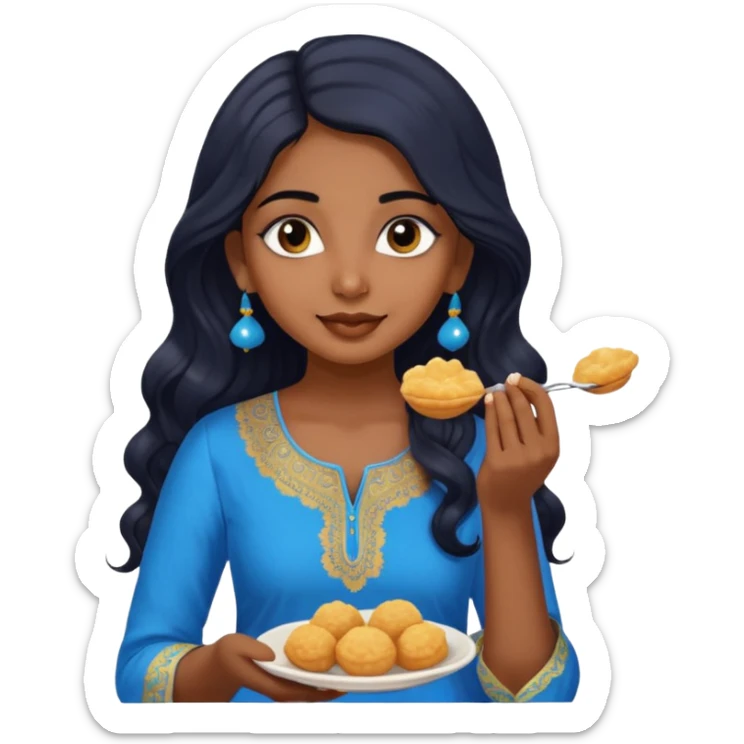 a pretty indian bratz girl with wavy long black hair. eyeliner on, wearing a blue kurti, eating golgappa sticker
