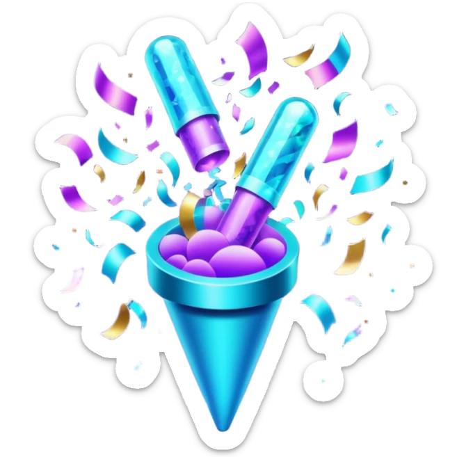Futuristic glowing confetti popper emoji, holographic purple and cyan colors, emitting confetti and sparkles, dark background, vibrant celebration atmosphere, no face. sticker