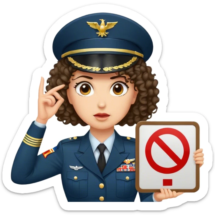 A female military general with medium length curly hair holding a sign that says no sticker