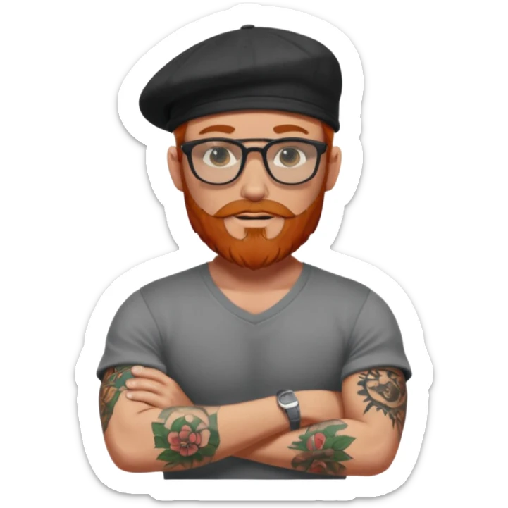 Muscular looking red headed man with beard and rayban glasses wearing a scally cap with sleeve tattoosAns sticker