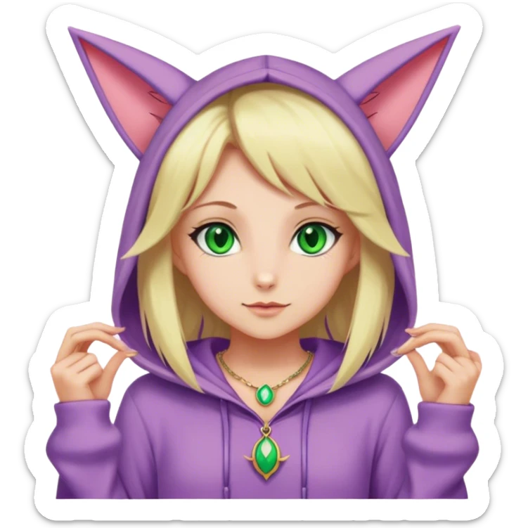 Can you make a blond girl with green eyes in an espeon Onesie with a red necklace sticker