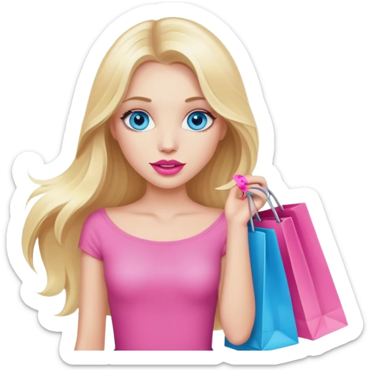Cinematic realistic blonde with long hair, blue eyes and pink lips holds shopping bags in her hands sticker