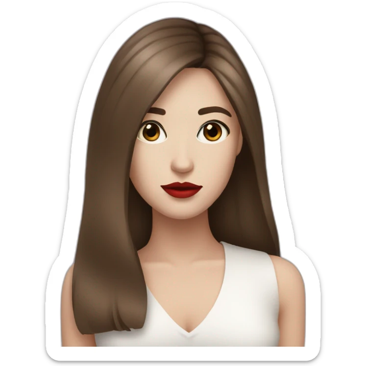 straight brown hair,red lipstick,black eyes, white skin and a small nose sticker