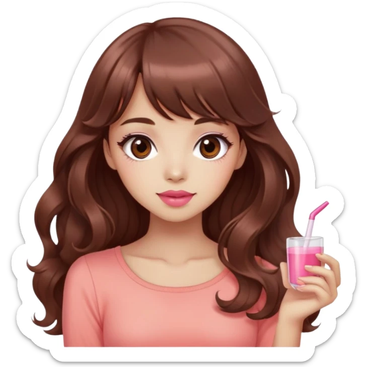 cute woman, light tan skin, big dark brown eyes, very long wavy auburn hair, bangs, pink top, coral lipstick, kawaii pose sticker