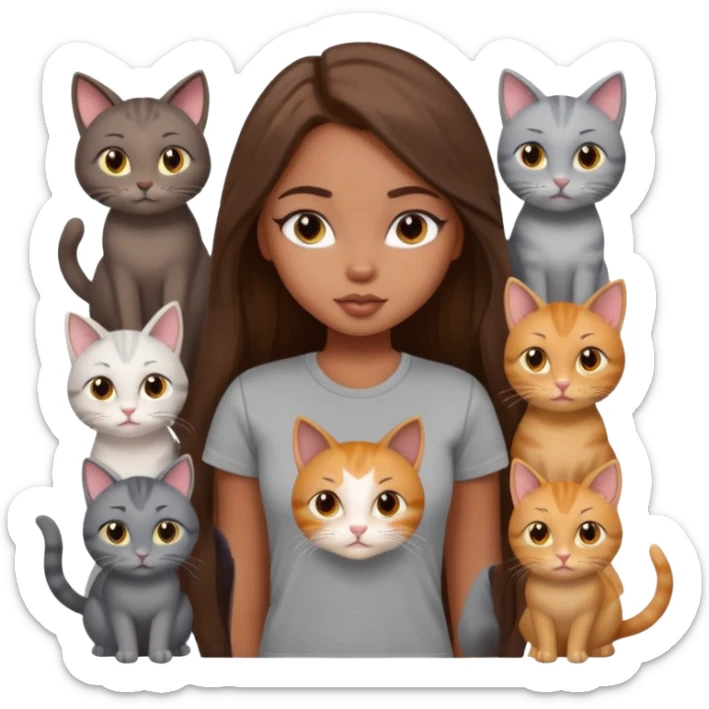 a pretty bratz dusky girl with long brown hair with six cats nd wearing a grey tshirt sticker