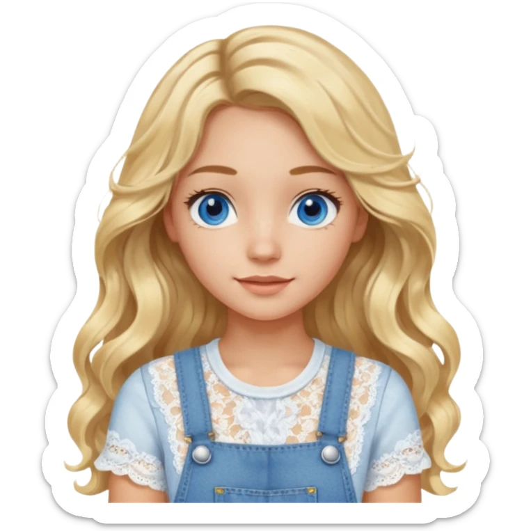 create an emoji of a young woman, very long blonde wavy hair mid-part, blue eyes, tanned skin, a gentle look. she wears a white short sleeve lacy top and an overall sticker