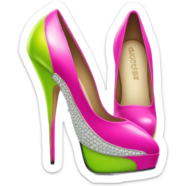 Realistic isolated top view of a pair of hot pink to lime green pointed toe high heel shoes with diamonds on them. sticker