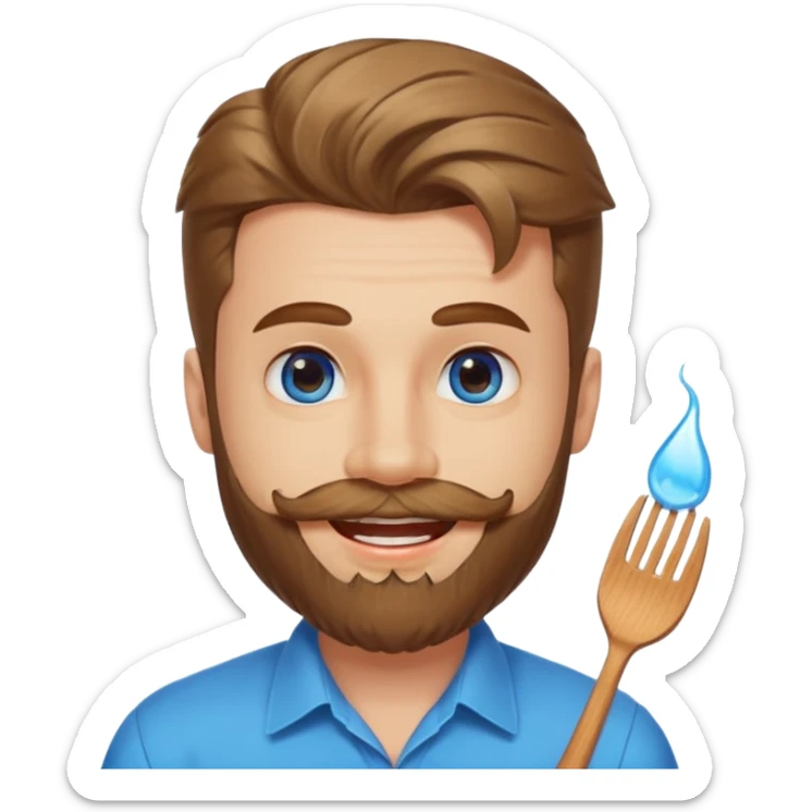 25 year old man, manicured beard, moustache and flavor savor, brown puffy mullet, blue eyes, big smile, white teeth, big lips, pronounced jaw sticker