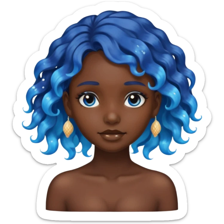 dark skinned girl with shiny blue wavy hair decorated with sea shells, head only, emoji style sticker