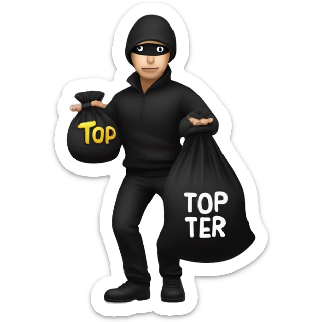 Thief wearing all black clothes actively stealing a money bag with the words Top Tier embroidered on it sticker
