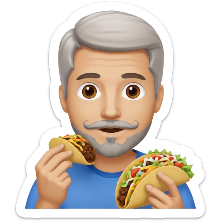 White man, blue eyes, brown gray hair, gray goatee, eating a taco sticker