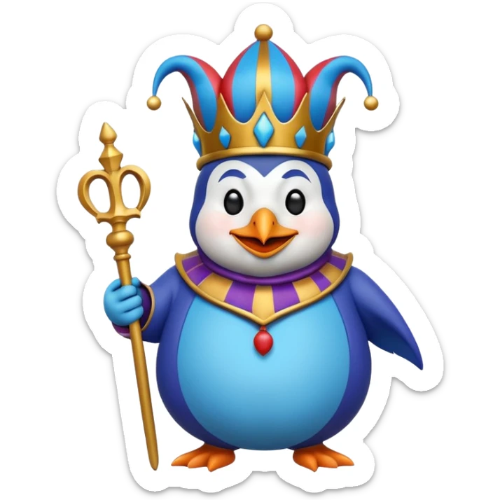 crazy colorful pudgy penguin jolly joker, medieval, vintage, court jester, mac os icon, blue color sticker