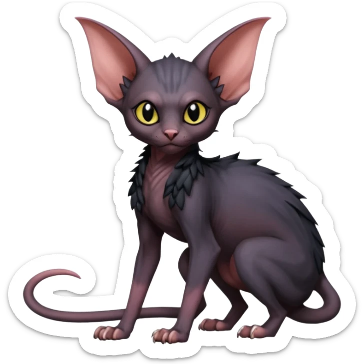 Black dark dull Swoobat-Noibat-Sphynx-Lykoi-Fakémon-fusion, full body sticker