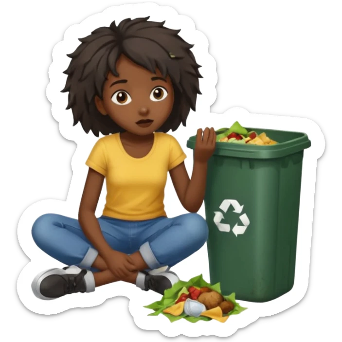 Black girl looking homeless eating food from a trash can on the floor sticker