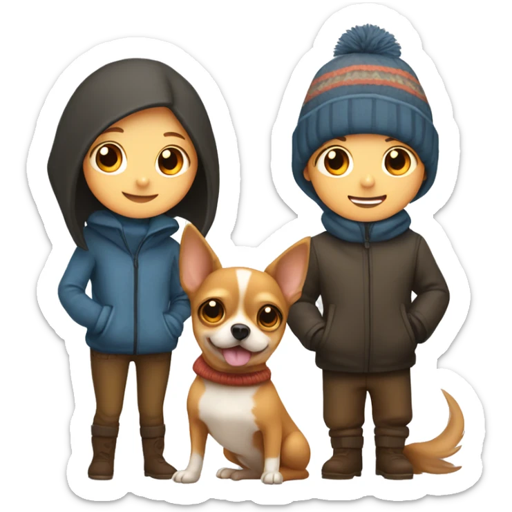 Boy and girl with winter clothes in front of fire with two chihuahuas alongside  sticker
