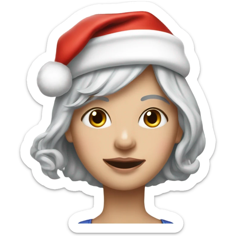 realistic portrait of fair skinned woman with silver hair and  with Santa cap sticker