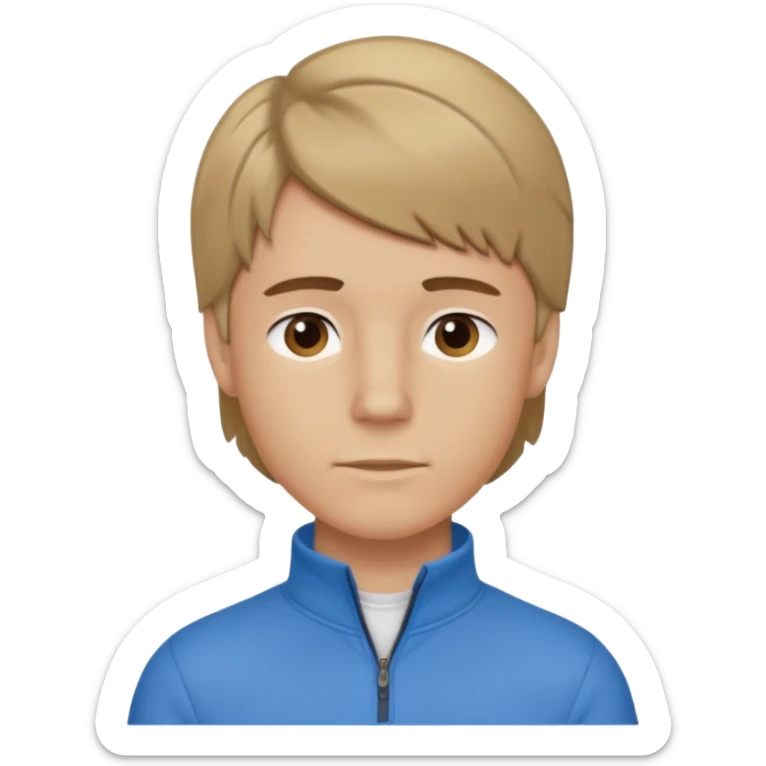 boy with dark blonde hair in a mullet to the front, with a neat blue shirt (not a t-shirt) and brown quarter zip sticker