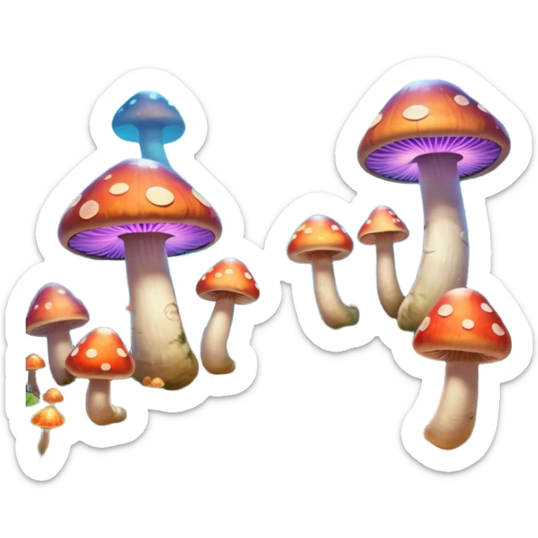  "A whimsical mushroom world filled with giant glowing mushrooms, soft bioluminescent spores floating through the air, and friendly oversized snails with colorful spiral shells exploring the landscape. Fantasy atmosphere, vibrant colors, dreamy lighting, highly detailed sticker