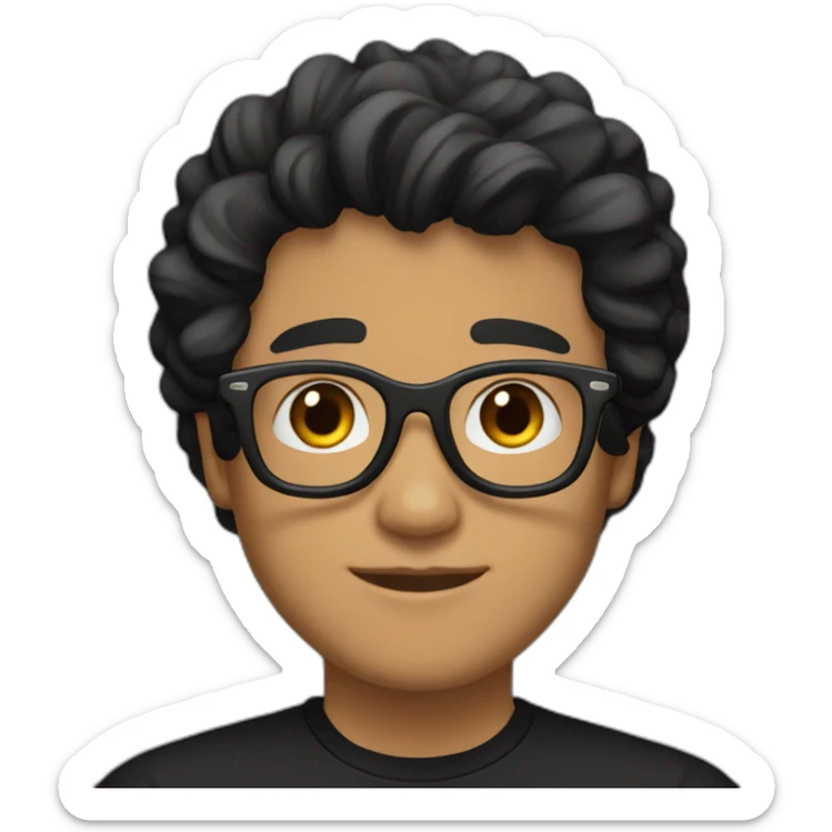 Light Brown guy, black wavy hair, no facial hair, transparent round glasses, black t shirt sticker