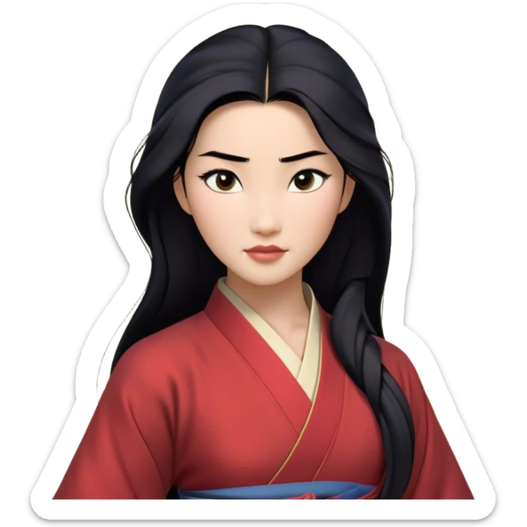 Cinematic Realistic Mulan Portrait, depicted with lifelike skin texture, soft natural lighting, and intricately detailed long black hair styled elegantly. Her deep, expressive eyes exude determination and grace, complemented by a serene yet confident expression. She is dressed in her classic attire, with rich fabric textures and delicate folds that catch the light beautifully. The portrait features a soft, enchanting glow with a natural, radiant finish, capturing the essence of timeless strength and beauty in a realistic and painterly style, evoking a sense of depth and authenticity. sticker