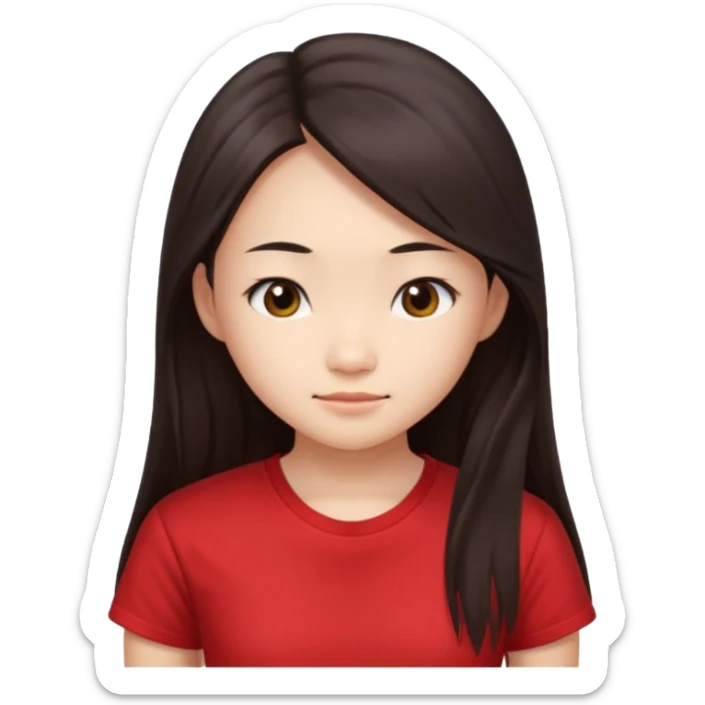 Cute asian girl with long hair and red t shirt who is judjing sticker