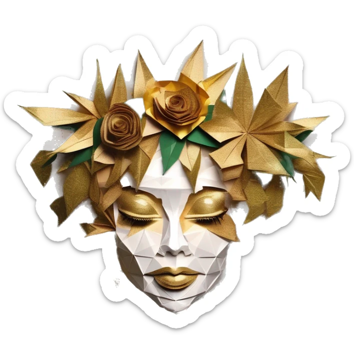  Hemp 420 lady face melting gold tropical made of 420 origami newspaper roses hemp leaves lantern fairy lights burning paper and hemp leaves in hair sticker