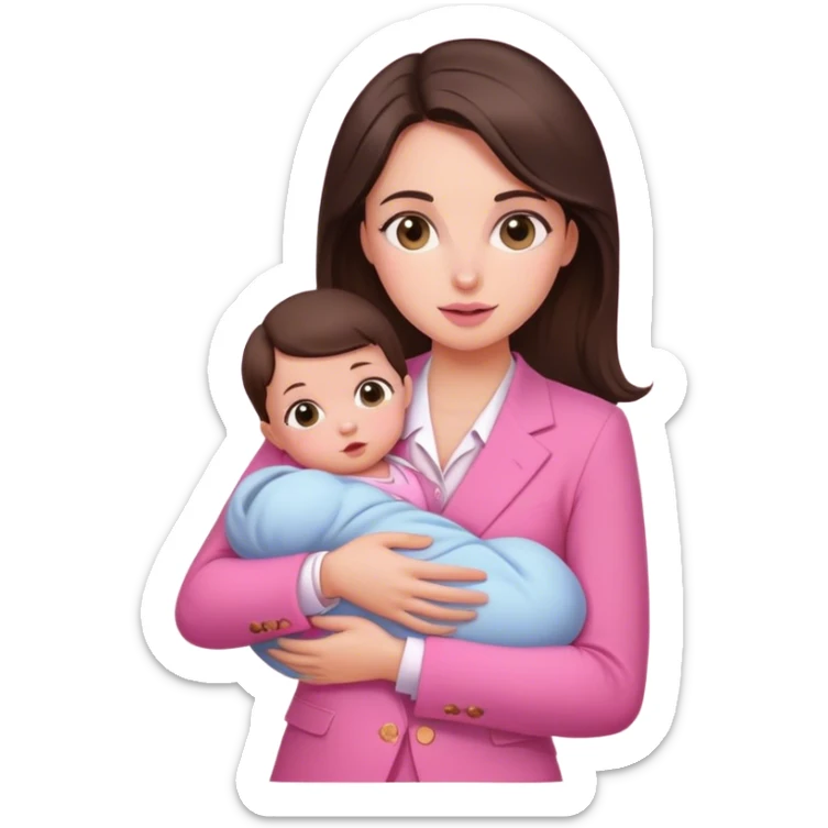 Brune girl pink suit with baby sticker