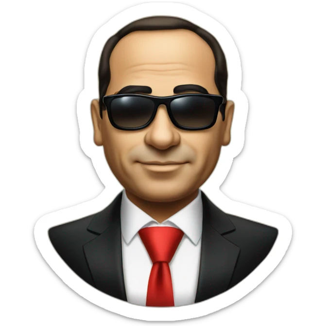 Satirical cartoon Egyptian President Al Sisi in a tuxedo wearing sun glasses with egyptian flag sticker