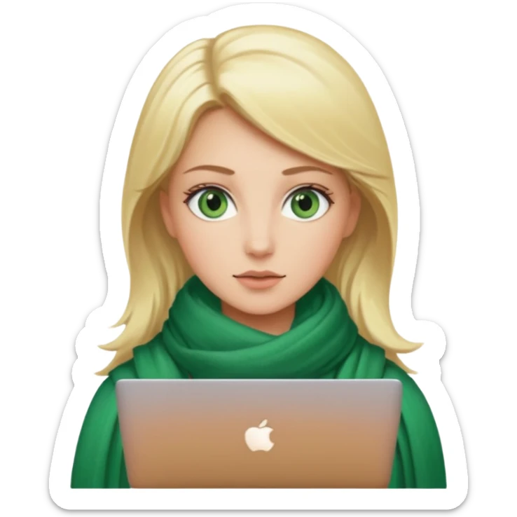 blond women skine , with green eyes and scarf . with macbook sticker