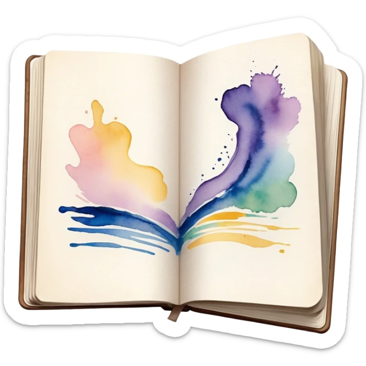 Cinematic Realistic image of an open sketchbook accompanied by a set of translucent watercolors, with delicate pigment stains and soft, flowing brushstrokes, captured under gentle, diffused lighting that highlights creative fluidity sticker