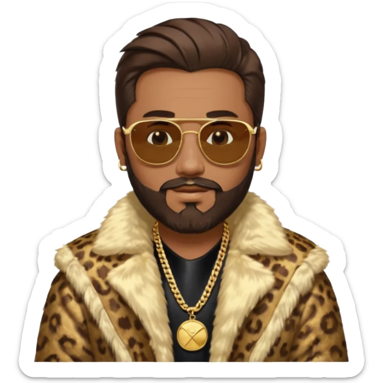 émoji homme barbu, cheveux bruns plaqués collés au crane avec raie au milieu, grosses lunettes de soleil rectangulaires à grosse branches, gros bijoux en or (chaine, montre,) manteau de fourrure très fluffy sur les épaules sourire en coin, boucles d'oreilles sticker
