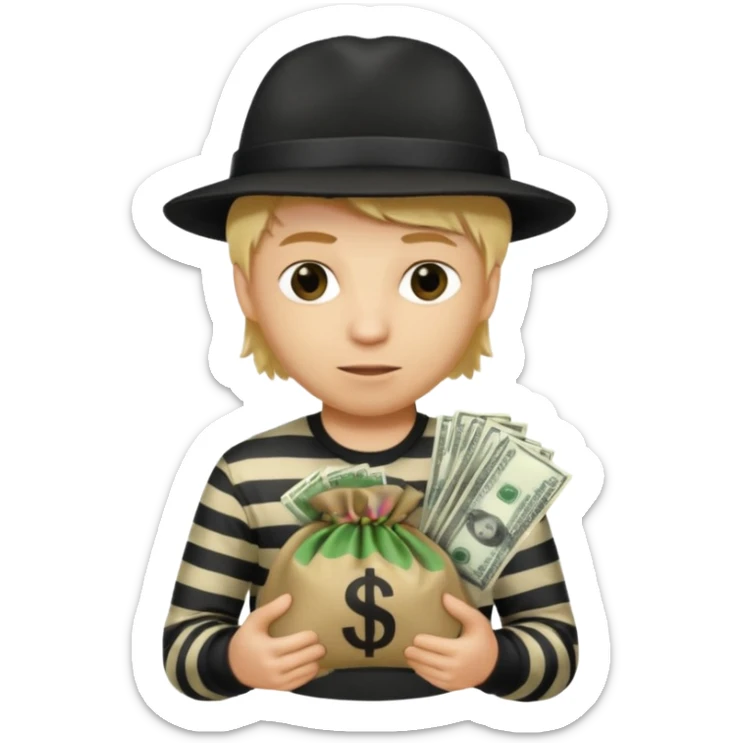 Robber with a shirt with white and black stripes holding a money bag also the robber is wearing a black robber hat and also has blond hair sticker