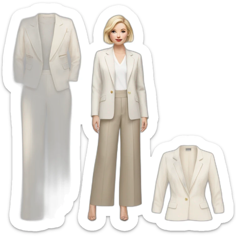pale skin woman with ash blonde Straightened bob Hair, White Spacious classical jacket, beige palazzo Arrow pants and gray blouse holding a color palettes in the hands sticker