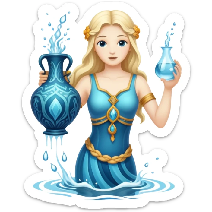 The zodiac symbol Aquarius. A mystical and beautiful water bearer, holding and pouring water into the sea from a large, intricate, and arcane vase sticker