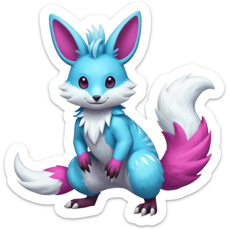 Shiny smooth silky soft Cyan-Magenta Minccino-Zeraora-Emolga-Vernid-Sergal-fusion-hybrid-animal-creature, full body sticker