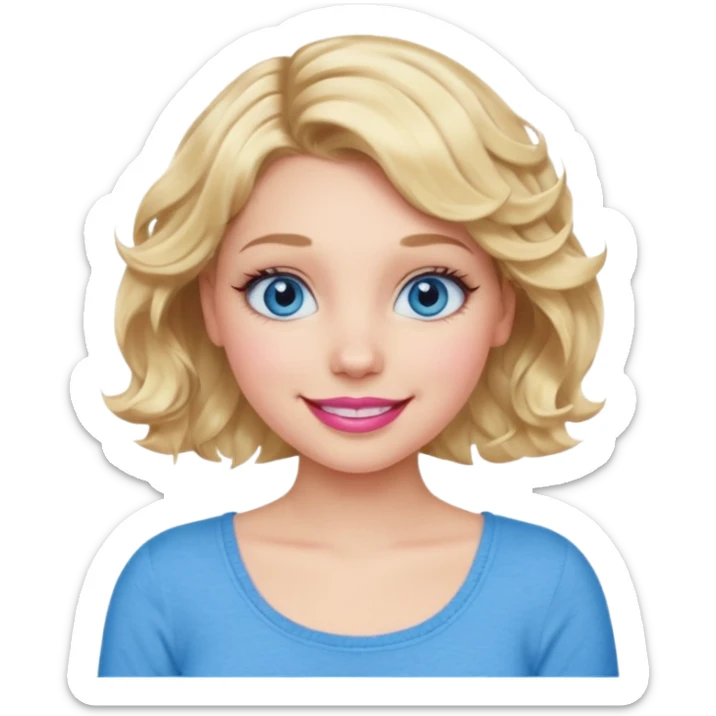 Girl Blonde short wavy hair,  blue eyes, cute blue top, long lashes, pink lips, 👄 big smile sticker