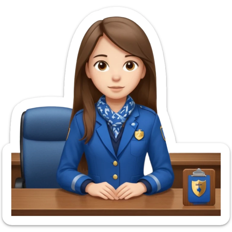 Young girl, long straight hair, wearing uniform jacket with hotel name badge, tasteful scarf, stand behind the desk

 sticker