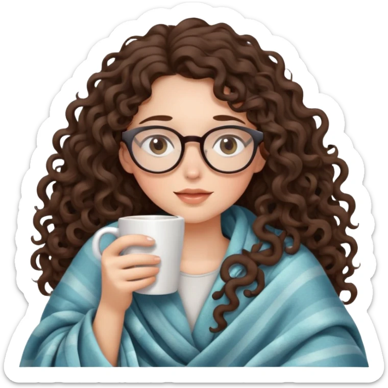 girl brunette Curly long hair and glasses inside a blanket sipping coffee eyes closed sticker