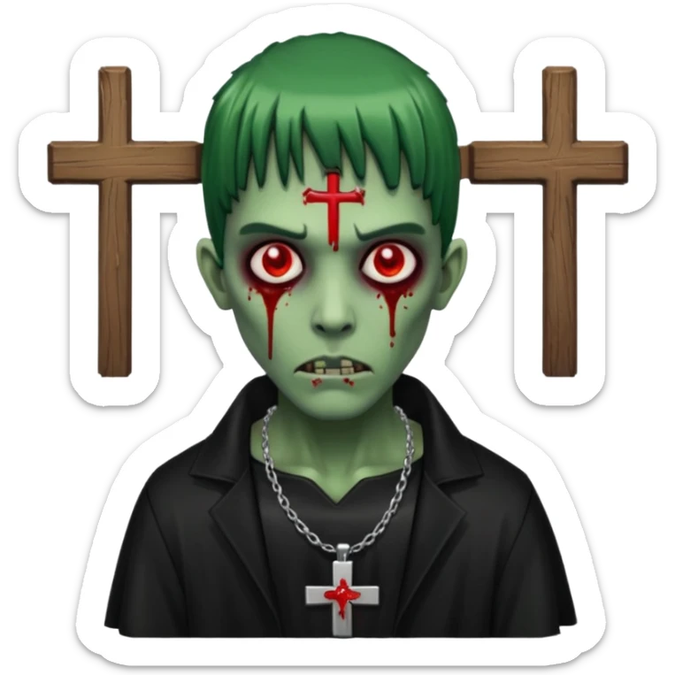 zumbi verde com olhos vermelhos sangrando e franja roupa preta e um crucifixo como colar sticker