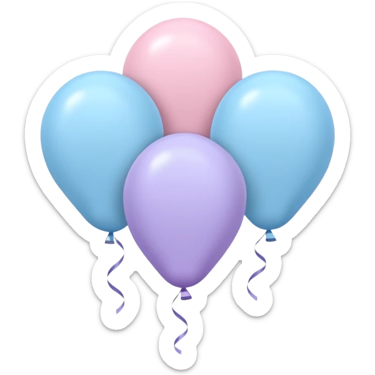 Three floating balloons emoji, each of the balloon's color is light pastel blue, pastel pink, and pastel purple. Cute IOS emoji style. sticker