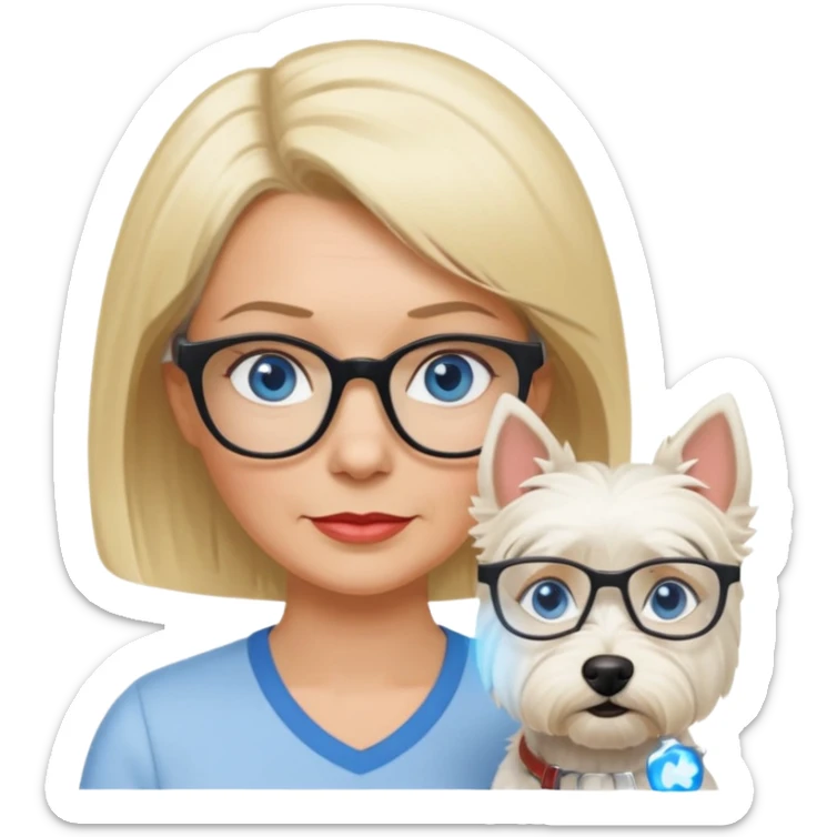 white woman blue eyes glasses middle aged blonde bob funny with westie sticker